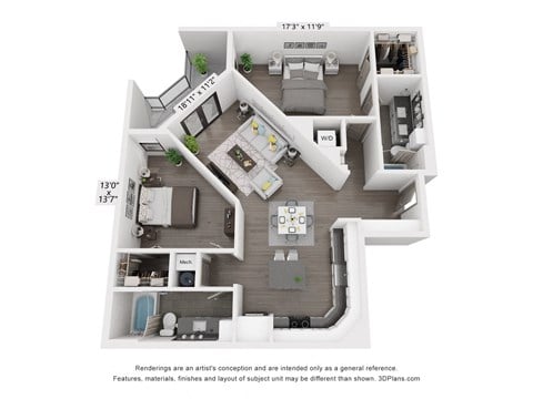Floor plan for 2 beds, 2 baths, 1155 sqft